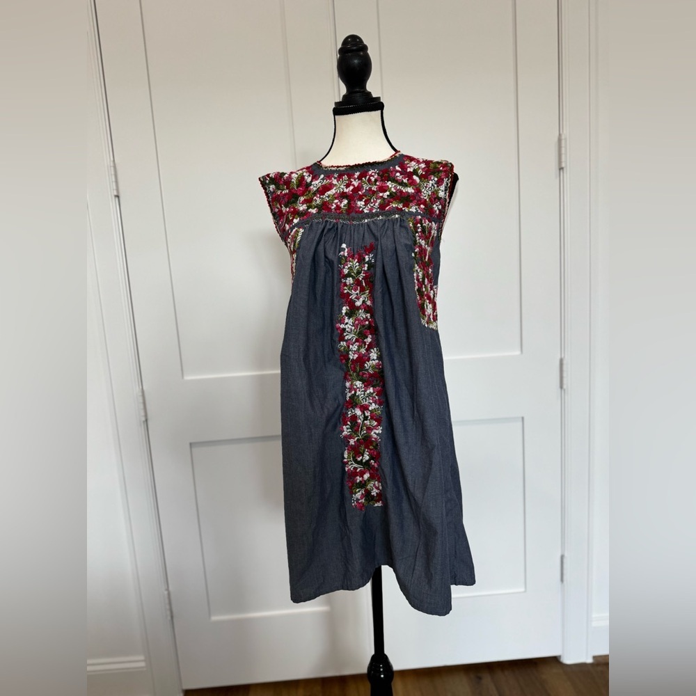 Mi Golondrina Boho Floral Dress Small Chambray Mexican Style 🌸